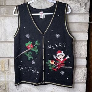 Holiday Time Sweater Vest Cardigan Christmas Elf Merry Gift Snowflake Beaded Med